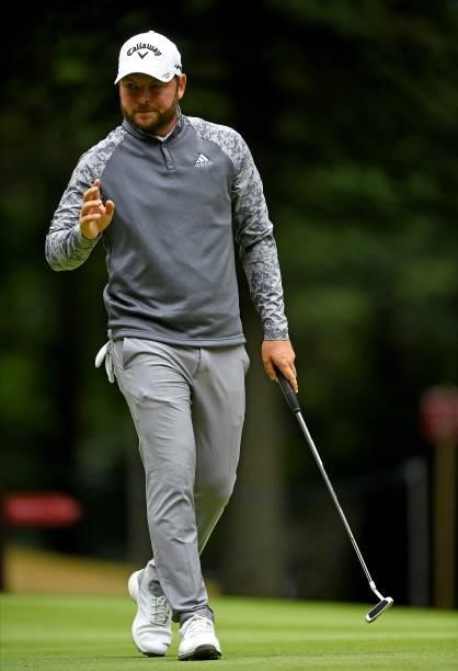 Jordan Smith of England fishing off on the 9th green during Day Two of The ISPS HANDA World Invitational at Galgorm Spa & Golf Resort on July 30,...