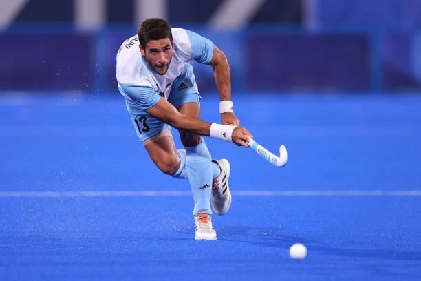 Jose Leandro Tolini of Team Argentina passes the ball during the Men's Preliminary Pool A match between Argentina and New Zealand on day seven of the...