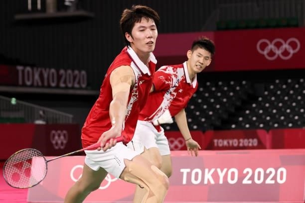 Li Jun Hui and Liu Yu Chen of Team China compete against Aaron Chia and Soh Wooi Yik of Team Malaysia during a Men’s Doubles Semi-final match on day...