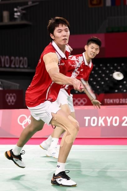 Li Jun Hui and Liu Yu Chen of Team China compete against Aaron Chia and Soh Wooi Yik of Team Malaysia during a Men’s Doubles Semi-final match on day...