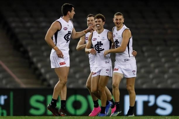 Tom Williamson of the Blues celebrates a goal during the round 20 AFL match between St Kilda Saints and Carlton Blues at Marvel Stadium on July 30,...