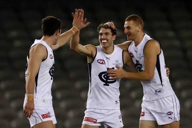 Tom Williamson of the Blues celebrates a goal during the round 20 AFL match between St Kilda Saints and Carlton Blues at Marvel Stadium on July 30,...