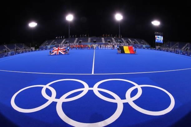 Players of both teams line up for national anthems prior to the Men's Preliminary Pool B match between Belgium and Great Britain on day seven of the...
