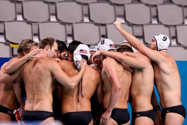 Team United States before match start during the Tokyo 2020 Olympic Waterpolo Tournament Men match between Team United States and Team Italy at...