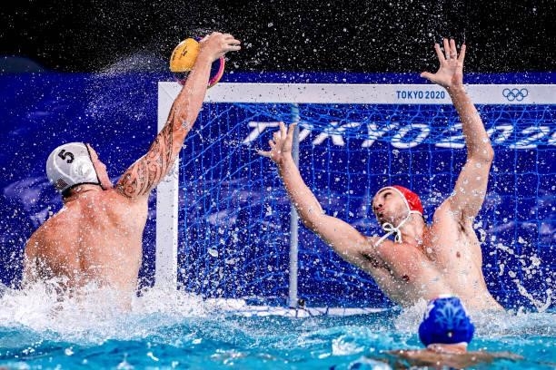 Hannes Daube of United States, Marco del Lungo of Italy during the Tokyo 2020 Olympic Waterpolo Tournament Men match between Team United States and...