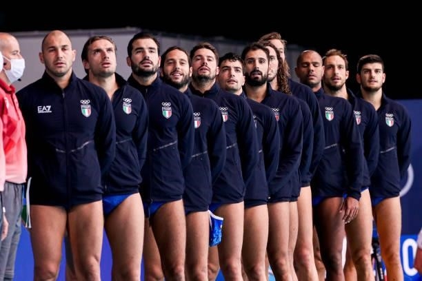 Team Italy during the Tokyo 2020 Olympic Waterpolo Tournament Men match between Team United States and Team Italy at Tatsumi Waterpolo Centre on July...