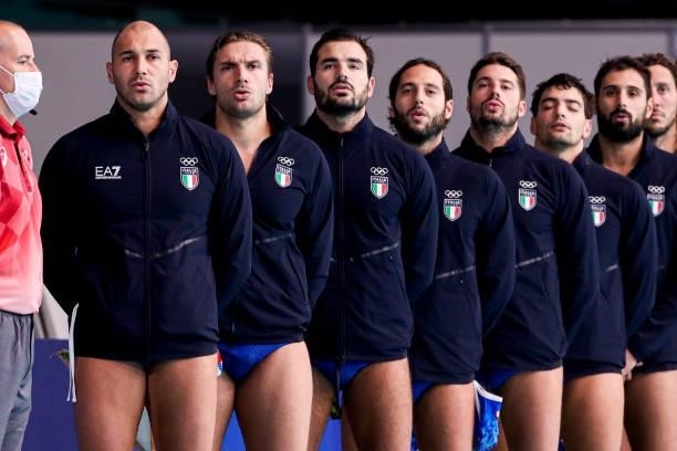 Team Italy during the Tokyo 2020 Olympic Waterpolo Tournament Men match between Team United States and Team Italy at Tatsumi Waterpolo Centre on July...