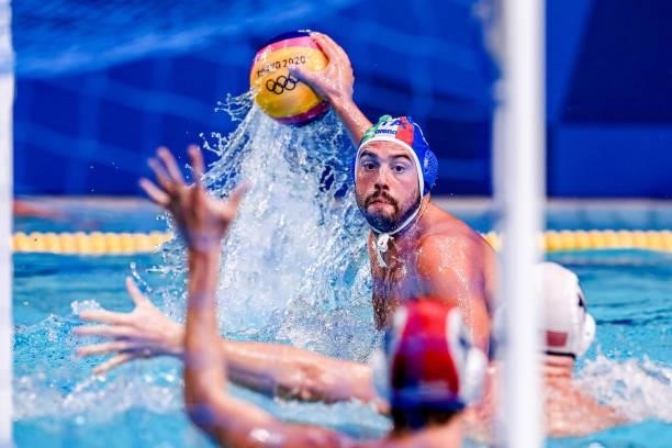 Nicholas Presciutti of Italy during the Tokyo 2020 Olympic Waterpolo Tournament Men match between Team United States and Team Italy at Tatsumi...