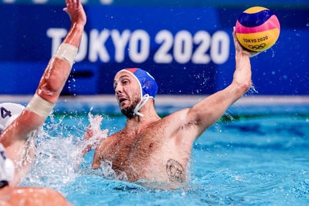 Gonzalo Echenique of Italy during the Tokyo 2020 Olympic Waterpolo Tournament Men match between Team United States and Team Italy at Tatsumi...