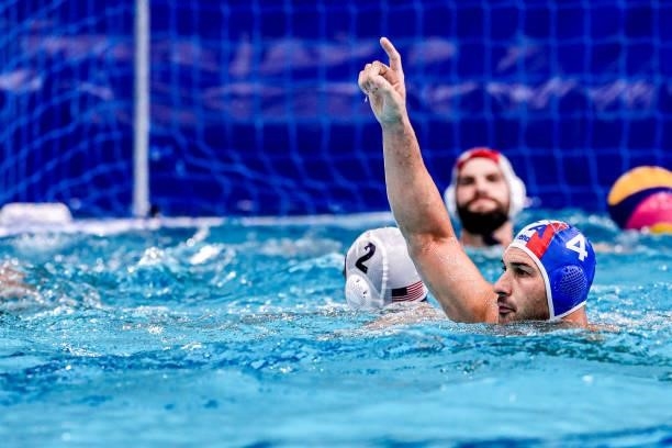 Pietro Figlioli of Italy during the Tokyo 2020 Olympic Waterpolo Tournament Men match between Team United States and Team Italy at Tatsumi Waterpolo...