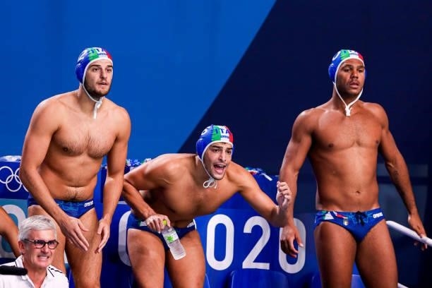 Vincenzo Dolce of Italy, Allessandro Velotto of Italy, Michael Bodegas of Italy cheering during the Tokyo 2020 Olympic Waterpolo Tournament Men match...