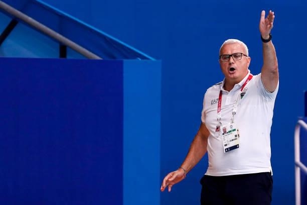 Head Coach Allessandro Campagna of Italy during the Tokyo 2020 Olympic Waterpolo Tournament Men match between Team United States and Team Italy at...
