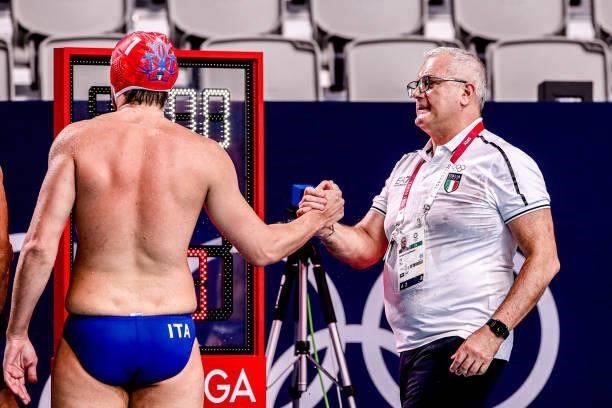 Marco del Lungo of Italy, Head Coach Allessandro Campagna of Italy celebrating victory during the Tokyo 2020 Olympic Waterpolo Tournament Men match...