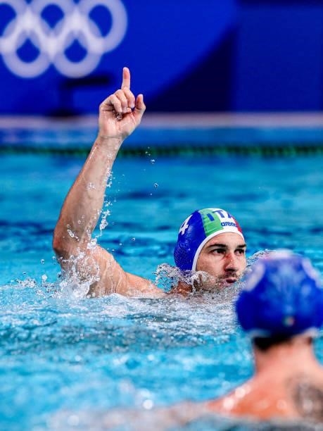 Pietro Figlioli of Italy celebrating during the Tokyo 2020 Olympic Waterpolo Tournament Men match between Team United States and Team Italy at...