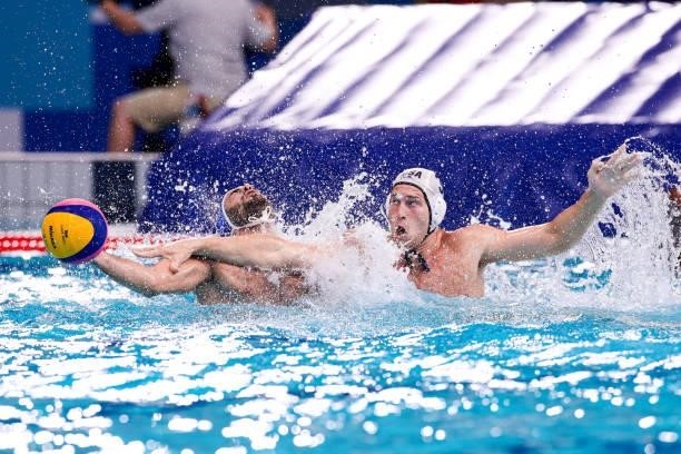 Francesco di Fulvio of Italy, Marko Vavic of United States during the Tokyo 2020 Olympic Waterpolo Tournament Men match between Team United States...