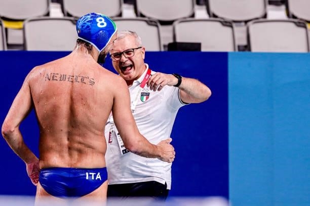 Gonzalo Echenique of Italy, Head Coach Allessandro Campagna of Italy celebrating victory during the Tokyo 2020 Olympic Waterpolo Tournament Men match...