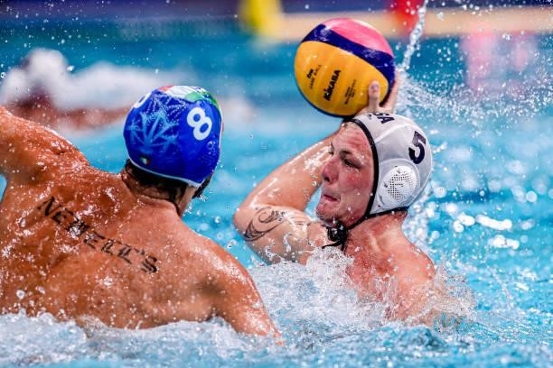 Gonzalo Echenique of Italy, Hannes Daube of United States during the Tokyo 2020 Olympic Waterpolo Tournament Men match between Team United States and...
