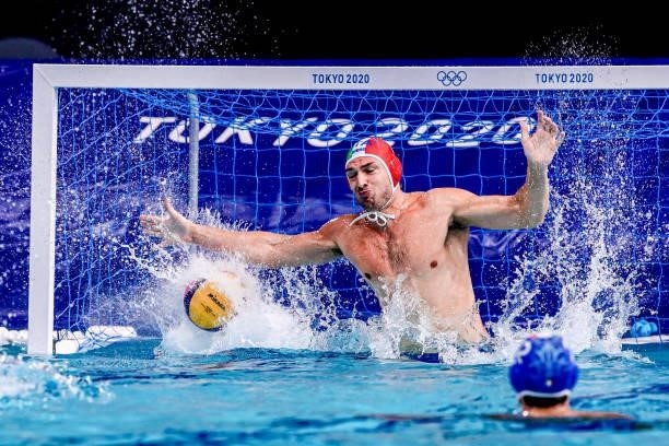 Marco del Lungo of Italy during the Tokyo 2020 Olympic Waterpolo Tournament Men match between Team United States and Team Italy at Tatsumi Waterpolo...