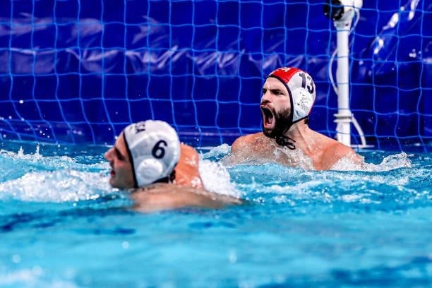 Drew Holland of United States shouting during the Tokyo 2020 Olympic Waterpolo Tournament Men match between Team United States and Team Italy at...
