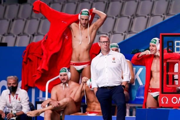 Head Coach Tamas Marcz of Hungary during the Tokyo 2020 Olympic Waterpolo Tournament Men match between Team Hungary and Team South Africa at Tatsumi...