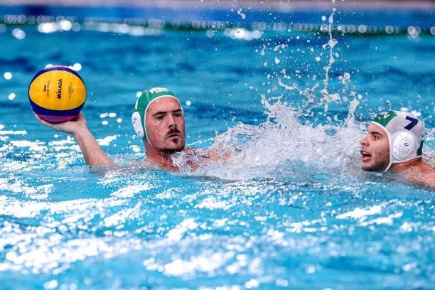 Ignardus Badenhorst of South Africa, Matyas Pasztor of Hungary during the Tokyo 2020 Olympic Waterpolo Tournament Men match between Team Hungary and...