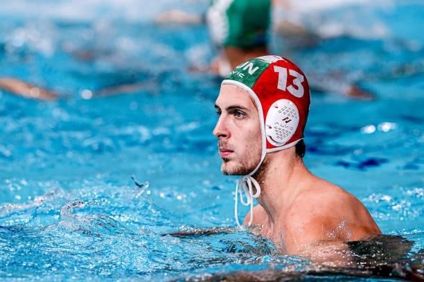 Soma Vogel of Hungary during the Tokyo 2020 Olympic Waterpolo Tournament Men match between Team Hungary and Team South Africa at Tatsumi Waterpolo...