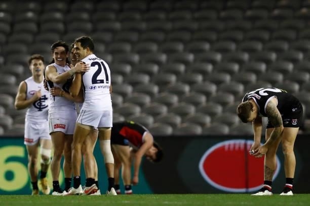 Marc Murphy of the Blues celebrates a goal with team mates on the final siren during the round 20 AFL match between St Kilda Saints and Carlton Blues...