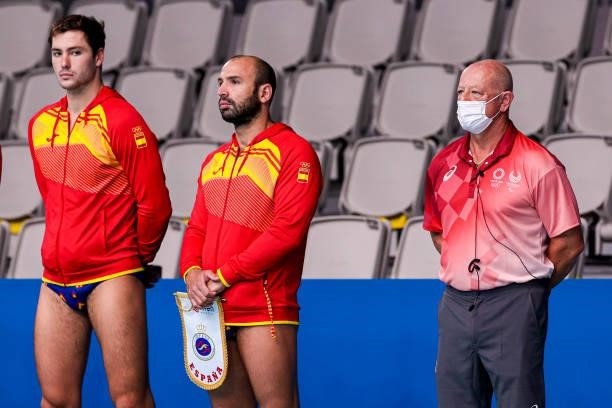 Felipe Perrone of Spain, Referee Michael Goldenberg during the Tokyo 2020 Olympic Waterpolo Tournament Men match between Team Spain and Team...