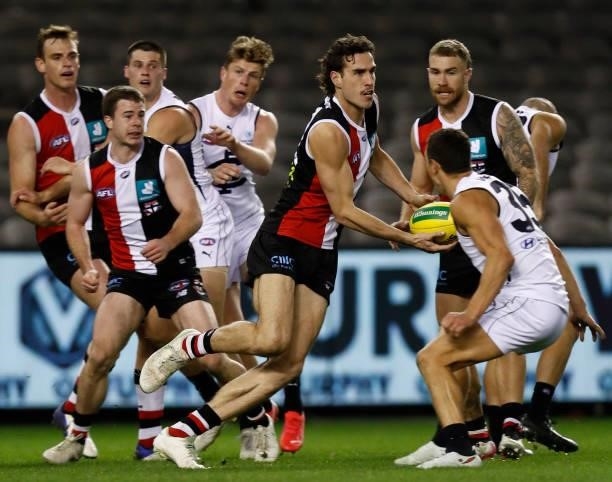 Max King of the Saints bursts through a pack during the round 20 AFL match between St Kilda Saints and Carlton Blues at Marvel Stadium on July 30,...