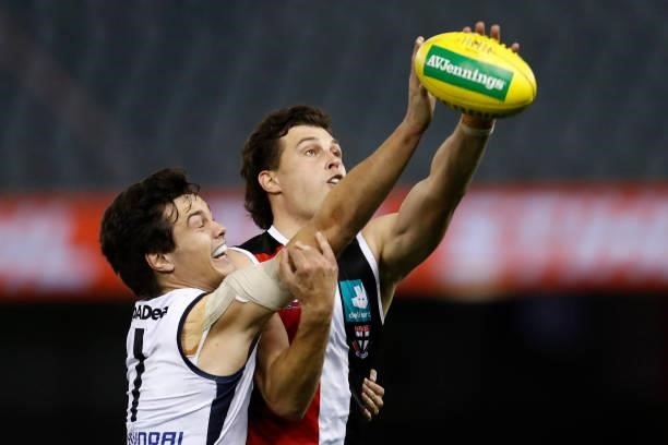 Jack Silvagni of the Blues and Rowan Marshall of the Saints compete during the round 20 AFL match between St Kilda Saints and Carlton Blues at Marvel...