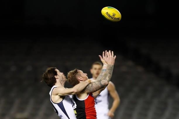 Lachie Plowman of the Blues and Tim Membrey of the Saints compete during the round 20 AFL match between St Kilda Saints and Carlton Blues at Marvel...
