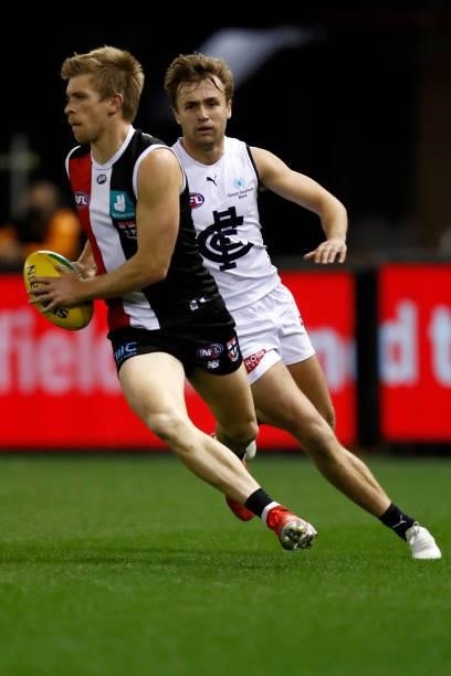 Sebastian Ross of the Saints runs with the ball during the round 20 AFL match between St Kilda Saints and Carlton Blues at Marvel Stadium on July 30,...
