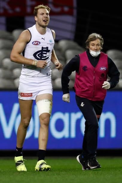 Harry McKay of the Blues catches his breath after a heavy collision during the round 20 AFL match between St Kilda Saints and Carlton Blues at Marvel...