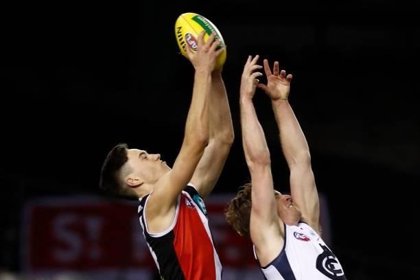 Cooper Sharman of the Saints marks the ball during the round 20 AFL match between St Kilda Saints and Carlton Blues at Marvel Stadium on July 30,...