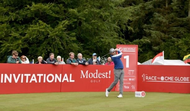 Eddie Pepperell of England on the first tee during Day Two of The ISPS HANDA World Invitational at Galgorm Spa & Golf Resort on July 30, 2021 in...