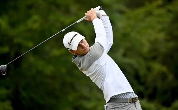 Nicolai Højgaard of Denmark on the first tee during Day Two of The ISPS HANDA World Invitational at Galgorm Spa & Golf Resort on July 30, 2021 in...