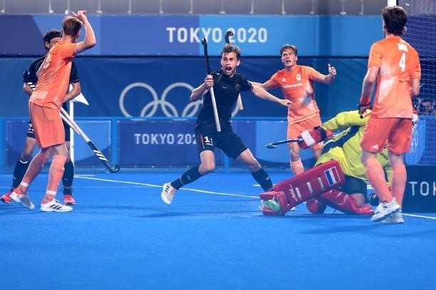 Constantin Staib of Team Germany scores their team's second goal during the Men's Preliminary Pool B match between Germany and Netherlands on day...