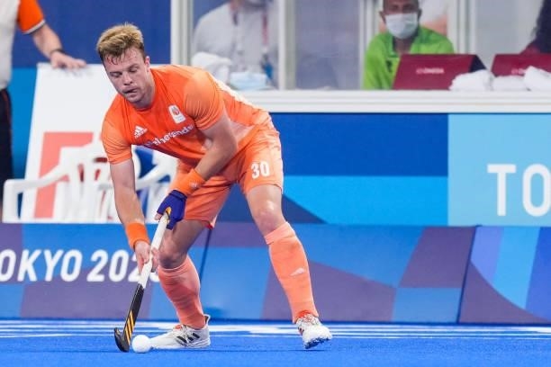 Mink van der Weerden of the Netherlands competing on Men's Pool B during the Tokyo 2020 Olympic Games at the Oi Hockey Stadium on July 30, 2021 in...