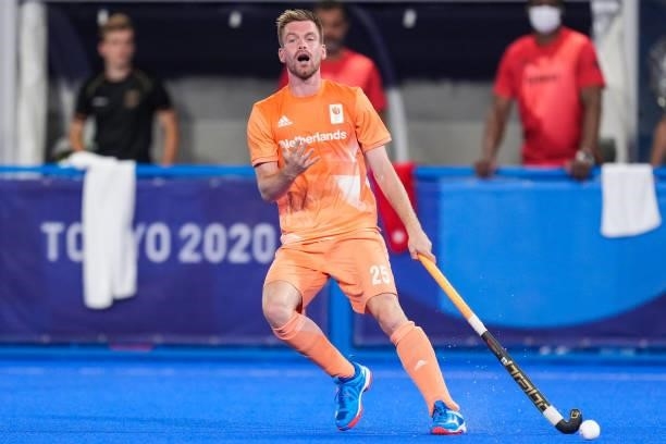 Thierry Brinkman of the Netherlands reacts while competing on Men's Pool B during the Tokyo 2020 Olympic Games at the Oi Hockey Stadium on July 30,...