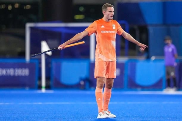 Jonas de Geus of the Netherlands coaches his teammates while competing on Men's Pool B during the Tokyo 2020 Olympic Games at the Oi Hockey Stadium...