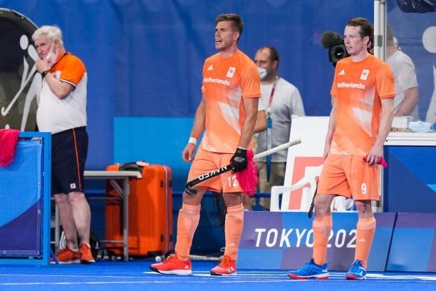 Sander de Wijn of the Netherlands and Seve van Ass of the Netherlands competing on Men's Pool B during the Tokyo 2020 Olympic Games at the Oi Hockey...