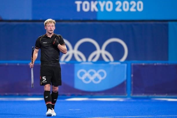 Linus Muller of Germany reacts competing on Men's Pool B during the Tokyo 2020 Olympic Games at the Oi Hockey Stadium on July 30, 2021 in Tokyo, Japan