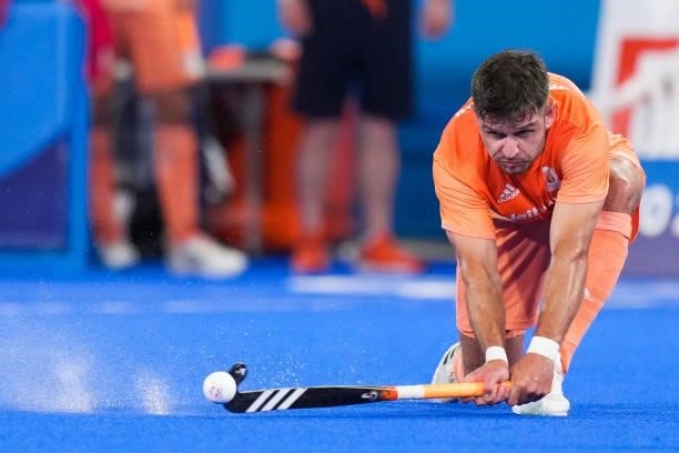Robbert Kemperman of the Netherlands competing on Men's Pool B during the Tokyo 2020 Olympic Games at the Oi Hockey Stadium on July 30, 2021 in...