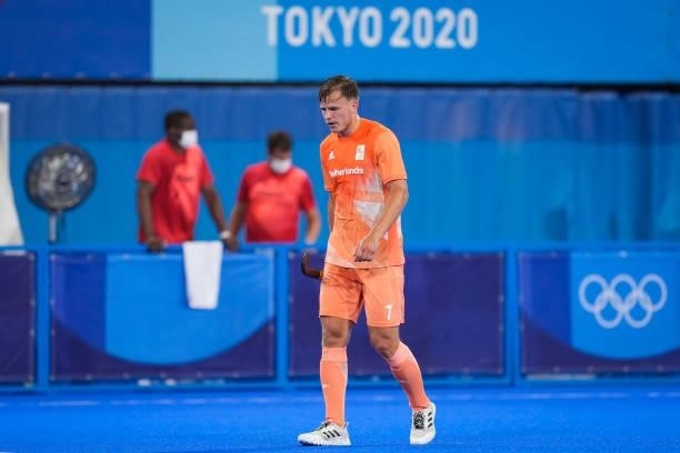 Thijs van Dam of the Netherlands disappointed while competing on Men's Pool B during the Tokyo 2020 Olympic Games at the Oi Hockey Stadium on July...