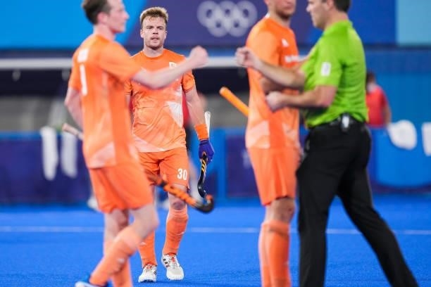 Mink van der Weerden of the Netherlands disappointed while competing on Men's Pool B during the Tokyo 2020 Olympic Games at the Oi Hockey Stadium on...