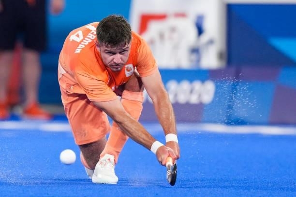 Robbert Kemperman of the Netherlands competing on Men's Pool B during the Tokyo 2020 Olympic Games at the Oi Hockey Stadium on July 30, 2021 in...