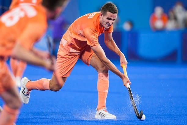 Jonas de Geus of the Netherlands competing on Men's Pool B during the Tokyo 2020 Olympic Games at the Oi Hockey Stadium on July 30, 2021 in Tokyo,...