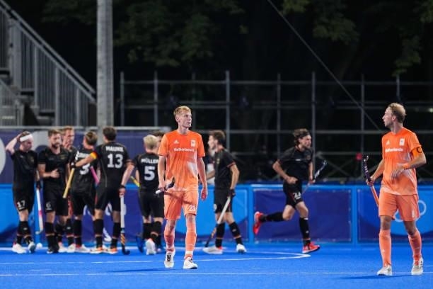 Jorrit Croon of the Netherlands and Joep de Mol of the Netherlands disappointed after the first goal of Germany while competing on Men's Pool B...
