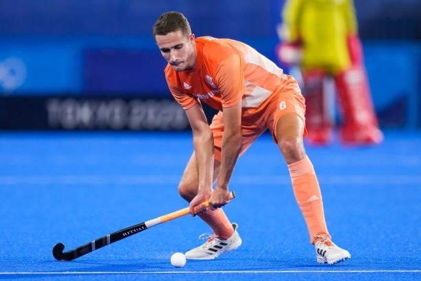 Jonas de Geus of the Netherlands competing on Men's Pool B during the Tokyo 2020 Olympic Games at the Oi Hockey Stadium on July 30, 2021 in Tokyo,...