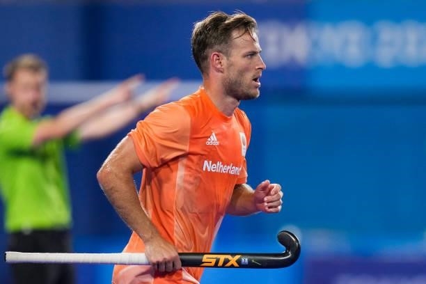 Jeroen Hertzberger of the Netherlands after his sides first goal competing on Men's Pool B during the Tokyo 2020 Olympic Games at the Oi Hockey...